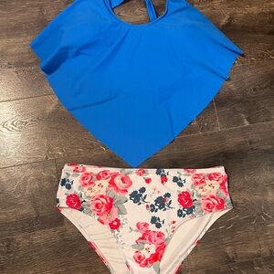 Blue Tankini Top with Floral Bikini Bottom - Women's Swim Set